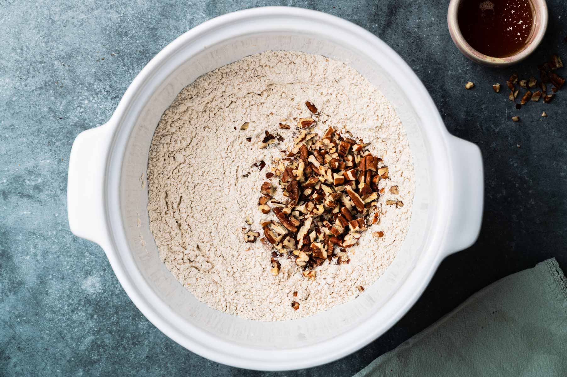 Dry ingredients for healthy banana scones in a large mixing bowl.