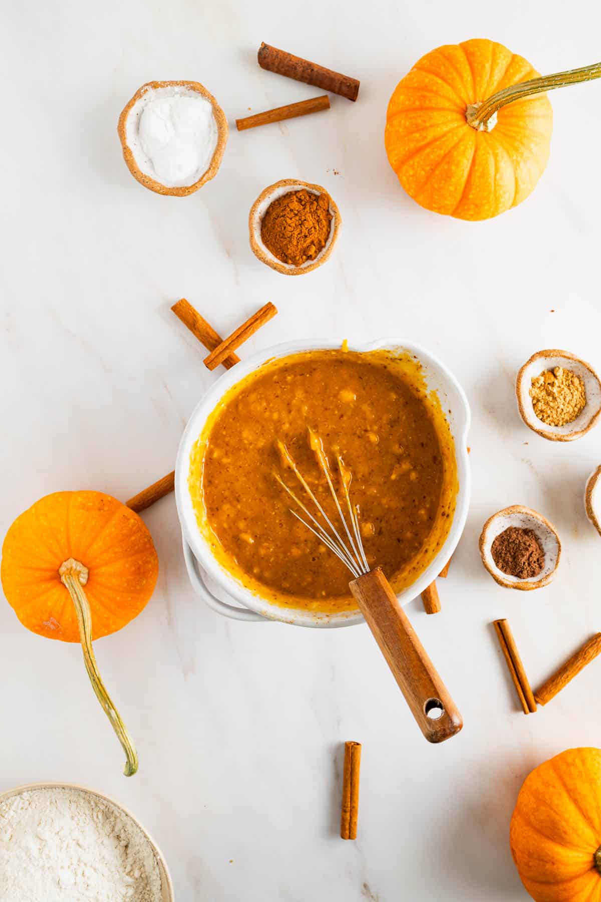 All the wet ingredients being whisked together.
