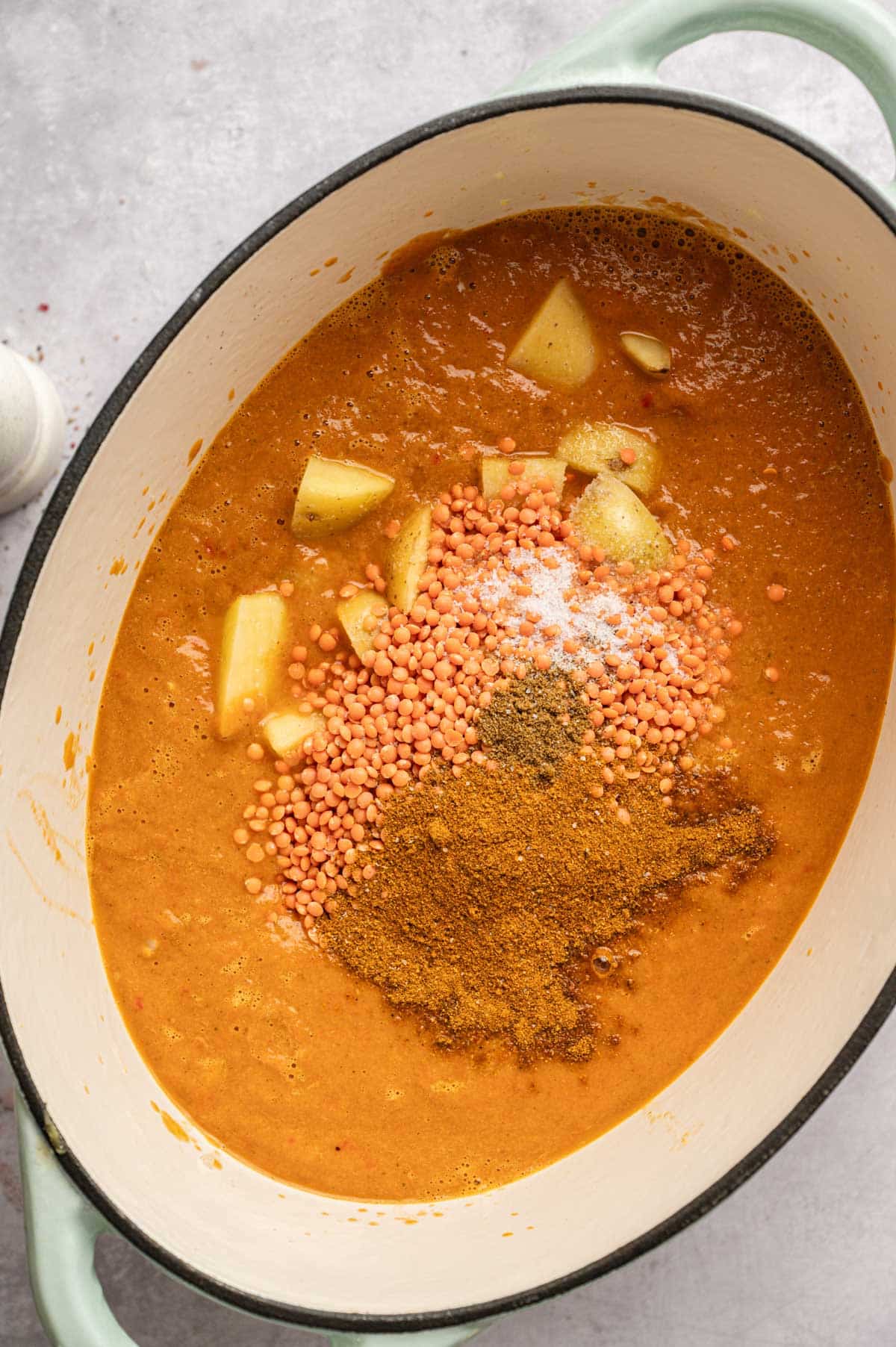 Blended tikka masala mixture added back to the pot with remaining ingredients on top.