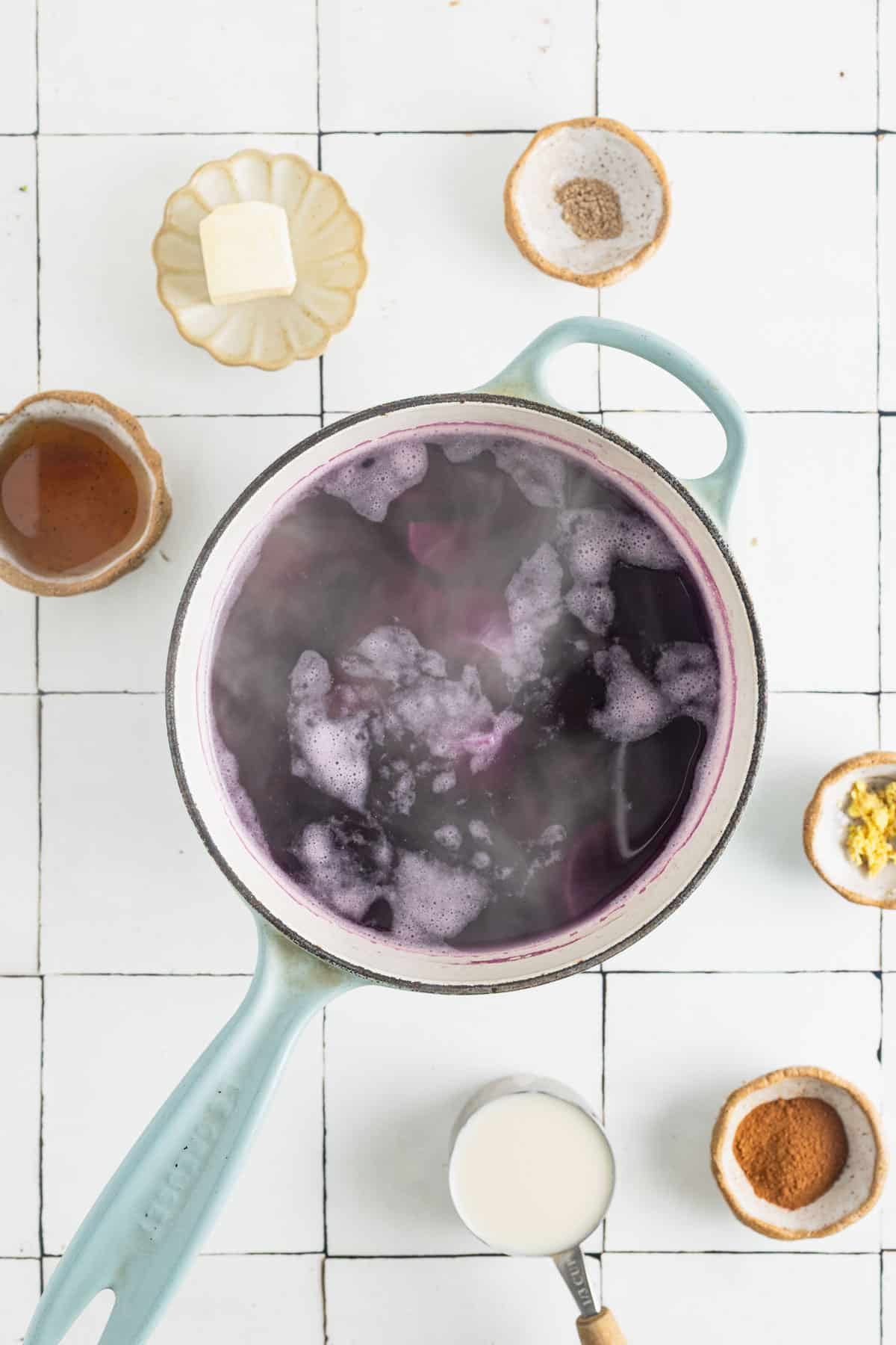 Cooking purple sweet potatoes.