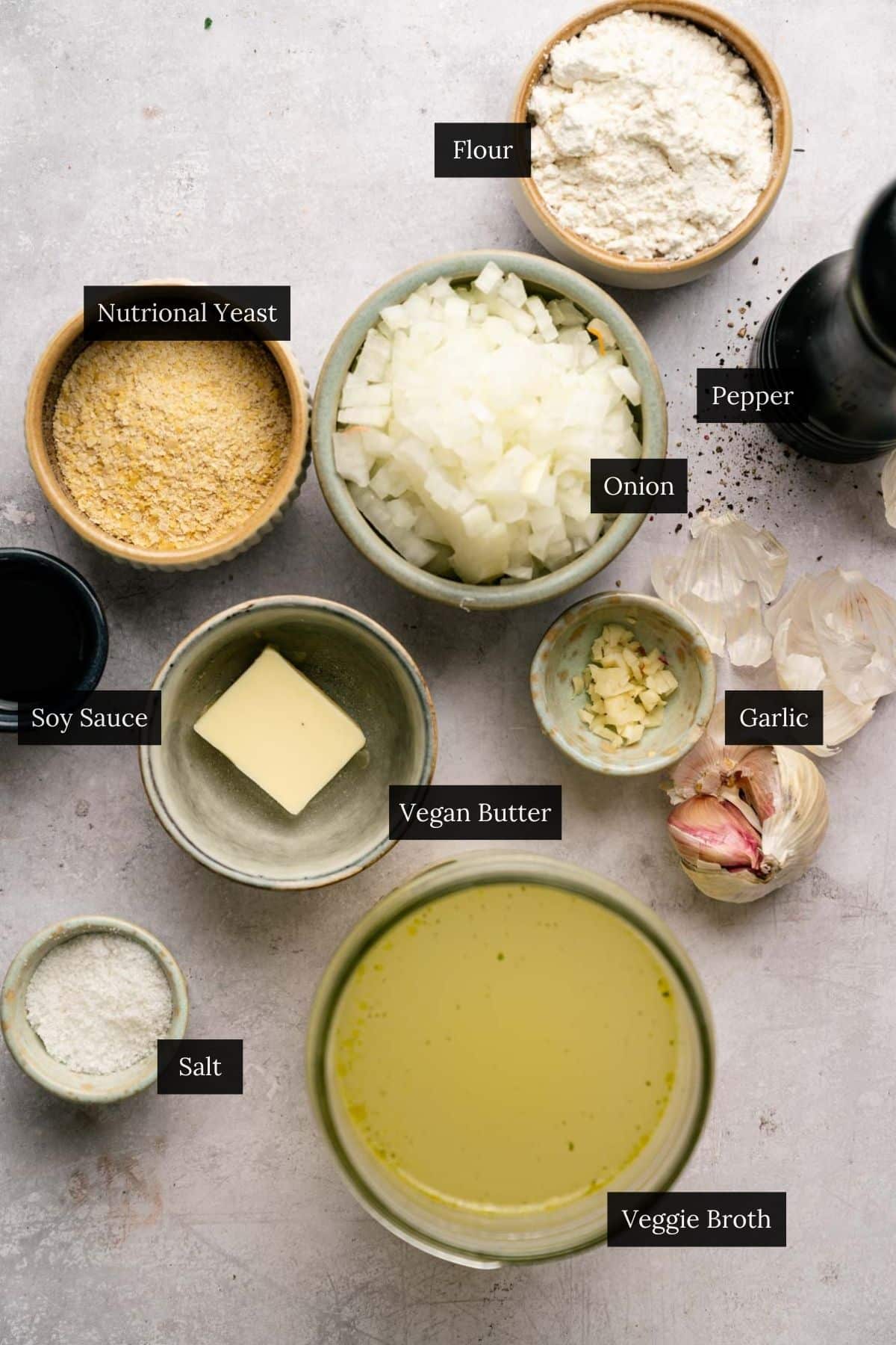 Ingredients for a easy vegan gravy with each ingredient labeled.